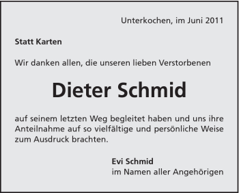 Traueranzeige von Dieter Schmid von Schwäbische Post