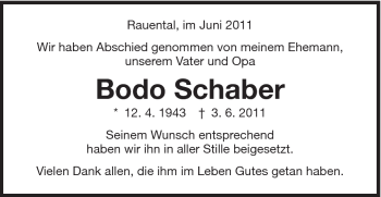Traueranzeige von Bodo Schaber von Schwäbische Post