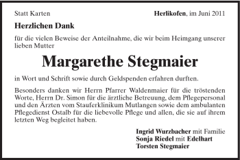 Traueranzeige von Margarethe Stegmaier von Gmünder Tagespost