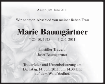 Traueranzeige von Marie Baumgärtner von Schwäbische Post