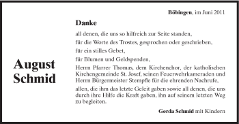Traueranzeige von August Schmid von Gmünder Tagespost