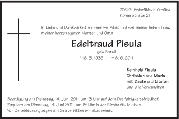 Traueranzeige von Edeltraud Pisula von Gmünder Tagespost