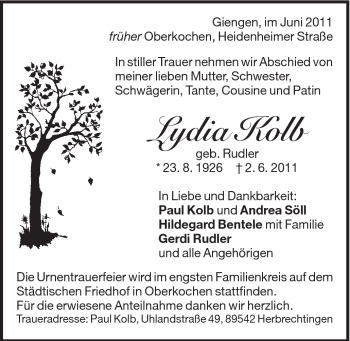 Traueranzeige von Lydia Kolb von Schwäbische Post