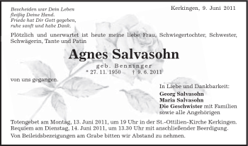 Traueranzeige von Agnes Salvasohn von Schwäbische Post