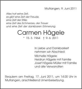 Traueranzeige von Carmen Hägele von Gmünder Tagespost