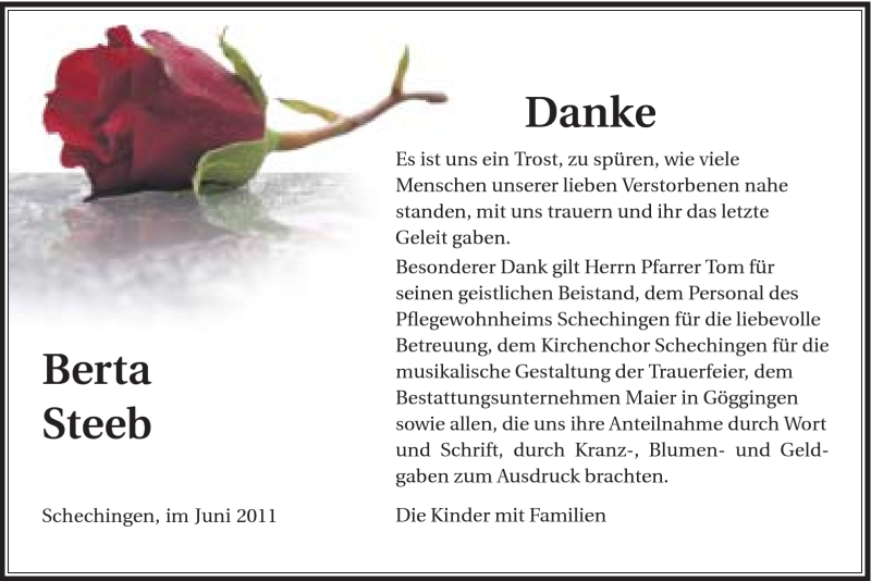  Traueranzeige für Berta Steeb vom 15.06.2011 aus Gmünder Tagespost