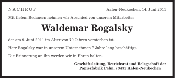 Traueranzeige von Waldemar Rogalsky von Schwäbische Post