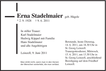 Traueranzeige von Erna Stadelmaier von Gmünder Tagespost