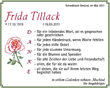Traueranzeige von Frida Tillack von Gmünder Tagespost