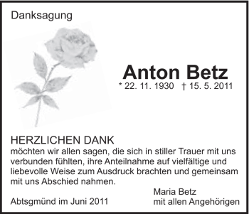 Traueranzeige von Anton Betz von Schwäbische Post