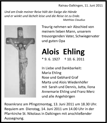 Traueranzeige von Alois Ehling von Schwäbische Post