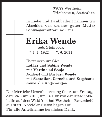 Traueranzeige von Erika Wende von Schwäbische Post
