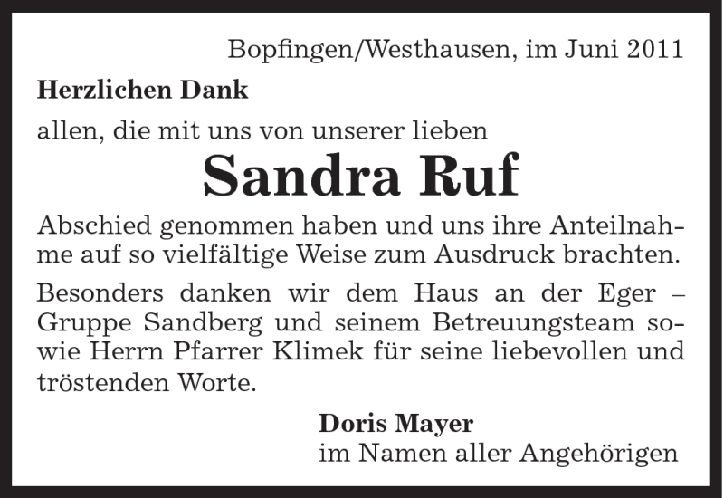  Traueranzeige für Sandra Ruf vom 11.06.2011 aus Schwäbische Post