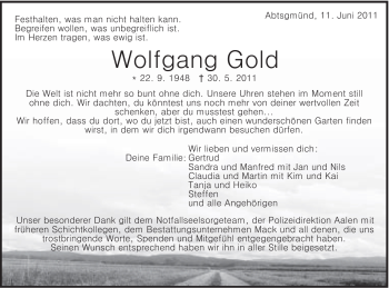 Traueranzeige von Wolfgang Gold von Schwäbische Post