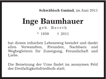 Traueranzeige von Inge Baumhauer von Gmünder Tagespost
