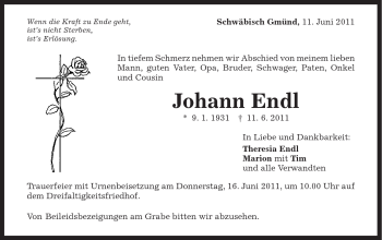 Traueranzeige von Johann Endl von Gmünder Tagespost