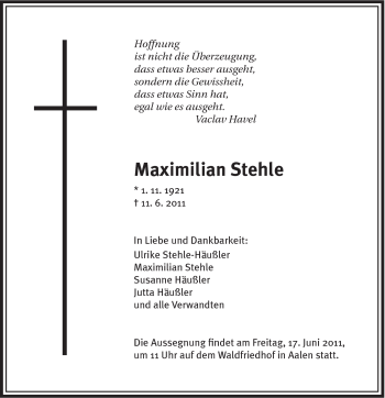 Traueranzeige von Maximilian Stehle von Schwäbische Post
