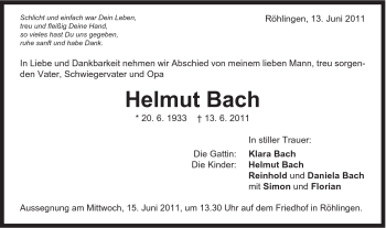 Traueranzeige von Helmut Bach von Schwäbische Post