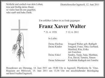 Traueranzeige von Franz Xaver Walter von Schwäbische Post