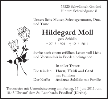Traueranzeige von Hildegard Moll von Gmünder Tagespost