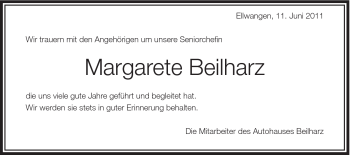 Traueranzeige von Margarete Beilharz von Schwäbische Post
