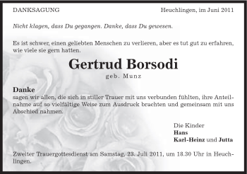 Traueranzeige von Gertrud Borsodi von Gmünder Tagespost