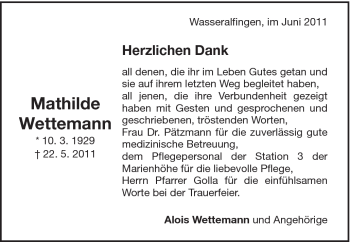 Traueranzeige von Mathilde Wettemann von Schwäbische Post