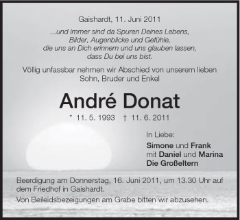 Traueranzeige von Andre Donat von Schwäbische Post