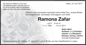 Traueranzeige von Ramona Zafar von Schwäbische Post
