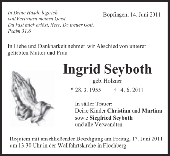 Traueranzeige von Ingrid Seyboth von Schwäbische Post