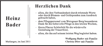Traueranzeige von Heinz Bader von Gmünder Tagespost