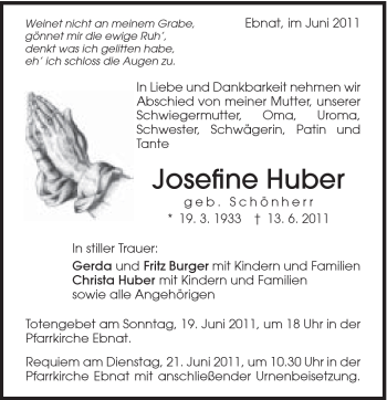 Traueranzeige von Josefine Huber von Schwäbische Post