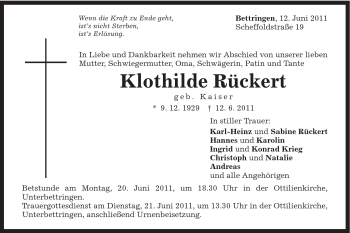 Traueranzeige von Klothilde Rückert von Gmünder Tagespost