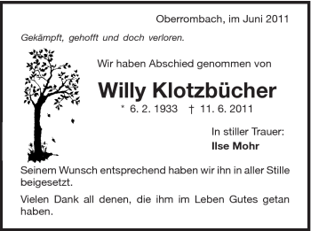 Traueranzeige von Willy Klotzbücher von Schwäbische Post