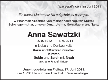 Traueranzeige von Anna Sawatzki von Schwäbische Post
