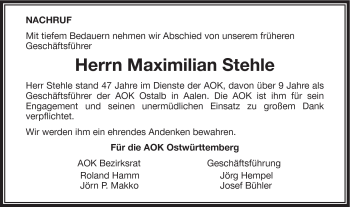 Traueranzeige von Maximilian Stehle von Schwäbische Post