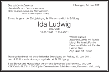 Traueranzeige von Ida Ludwig von Schwäbische Post