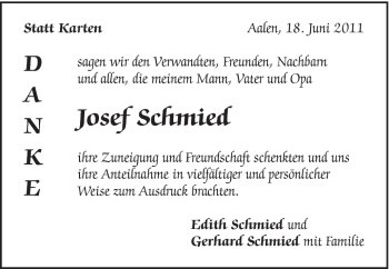 Traueranzeige von Josef Schmied von Schwäbische Post
