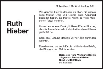 Traueranzeige von Ruth Hieber von Gmünder Tagespost