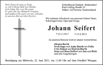 Traueranzeige von Johann Seifert von Gmünder Tagespost
