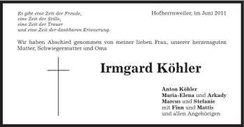Traueranzeige von Irmgard Köhler von Schwäbische Post