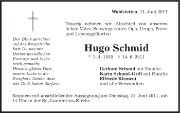 Traueranzeige von Hugo Schmid von Gmünder Tagespost