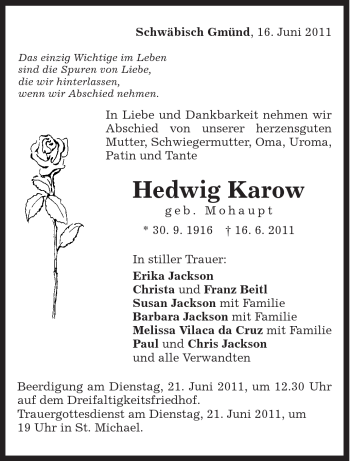 Traueranzeige von Hedwig Karow von Gmünder Tagespost