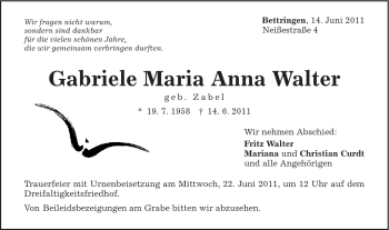 Traueranzeige von Gabriele Maria Anna Walter von Gmünder Tagespost