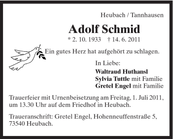 Traueranzeige von Adolf Schmid von Gmünder Tagespost
