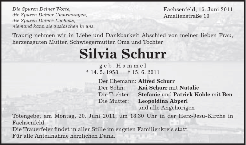  Traueranzeige für Silvia Schurr vom 18.06.2011 aus Schwäbische Post