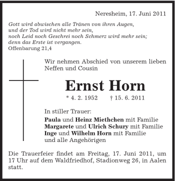 Traueranzeige von Ernst Horn von Schwäbische Post