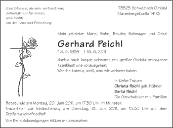 Traueranzeige von Gerhard Peichl von Gmünder Tagespost