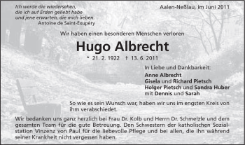 Traueranzeige von Hugo Albrecht von Schwäbische Post