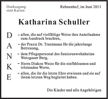 Traueranzeige von Katharina Schuller von Gmünder Tagespost